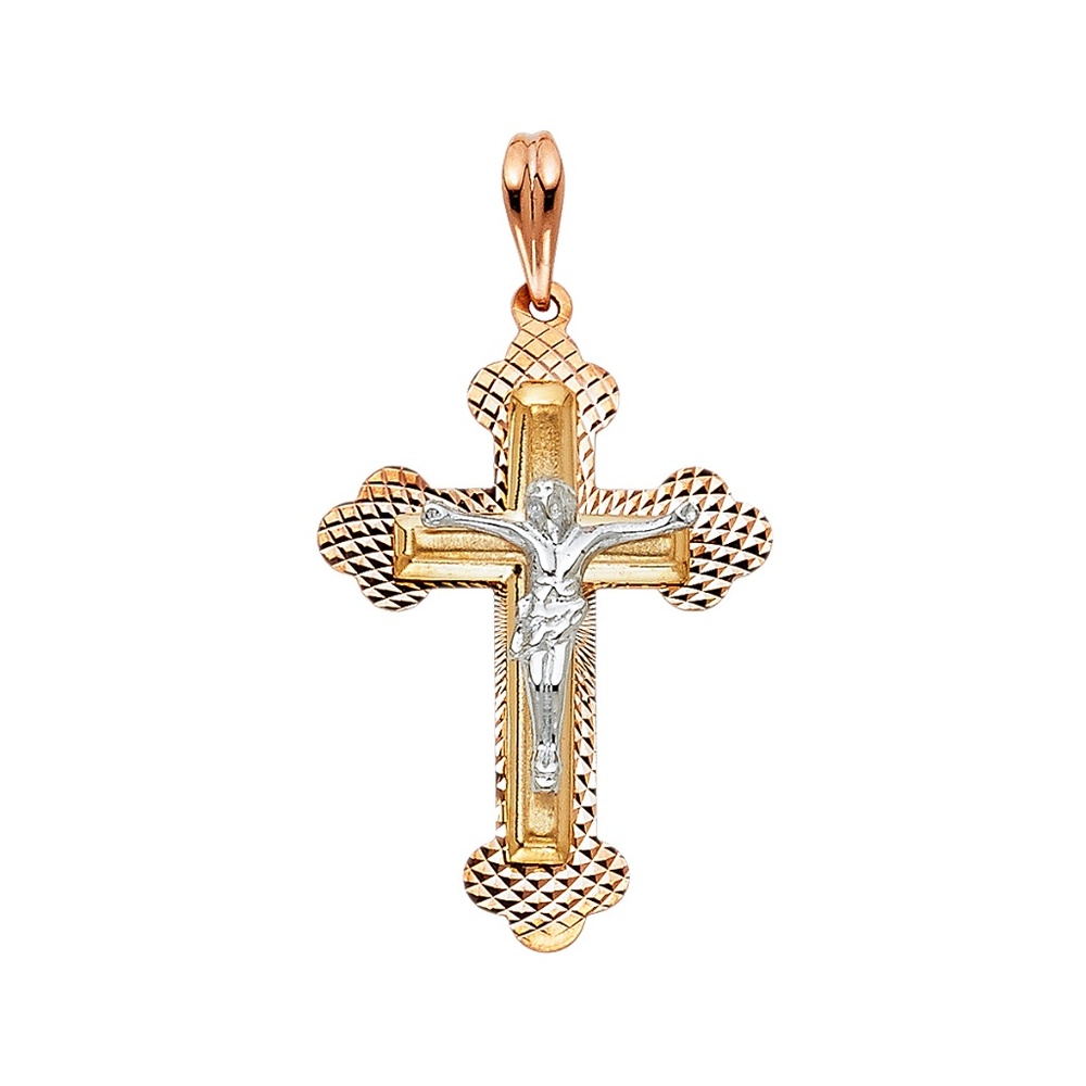 14K Tri Color Religious Crucifix Pendant - Picture 1 of 3